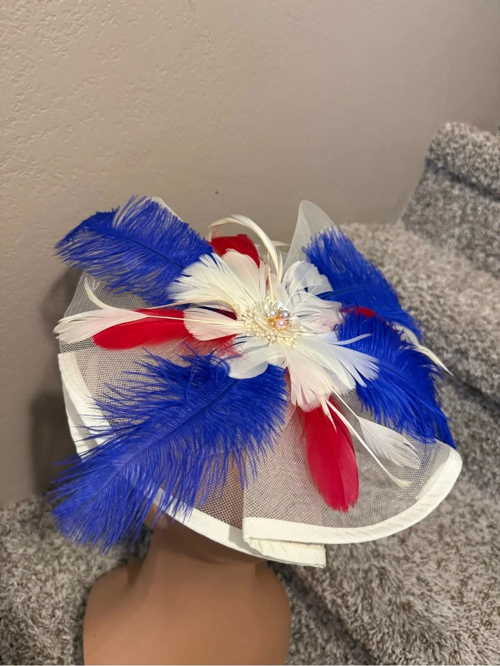 White Fascinator Headpiece with Red & Blue Feather Accents